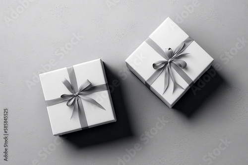 Two white gift boxes with silver ribbons on gray concrete background. Generative AI