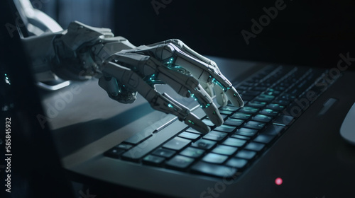 ノートパソコンで入力するロボットアームAI人口知能イメージ