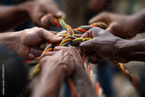 Many peoples hands working together to untangle a knotted rope. Business teamwork. Generative ai