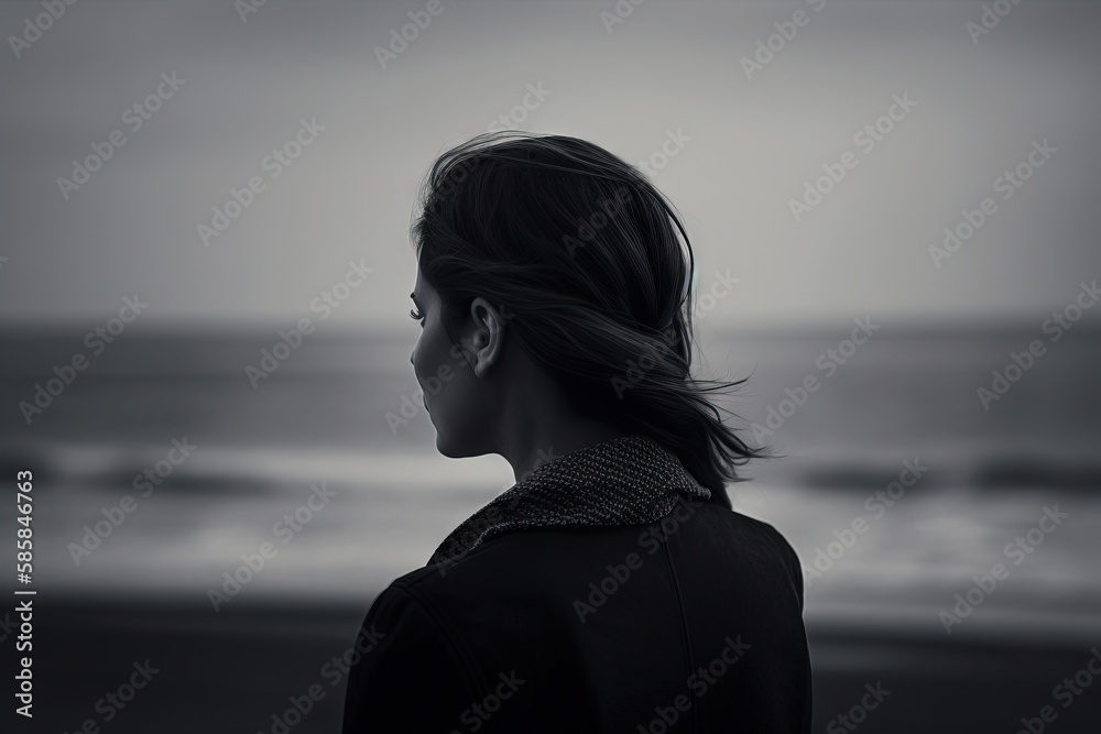 a woman standing on a beach looking out at the ocean in a black and ...