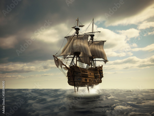 vintage wooden sailing ship, antique maritime vessel, high-resolution image, generative AI 