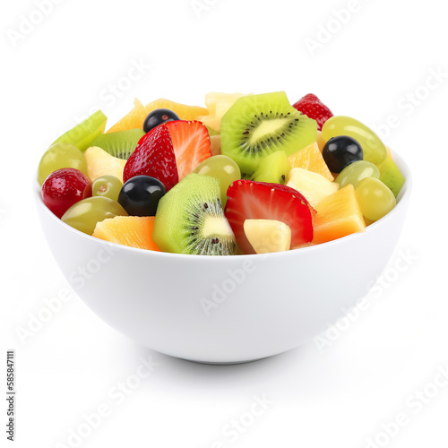 Fresh fruit salad in a bowl isolated on white background. Generative AI