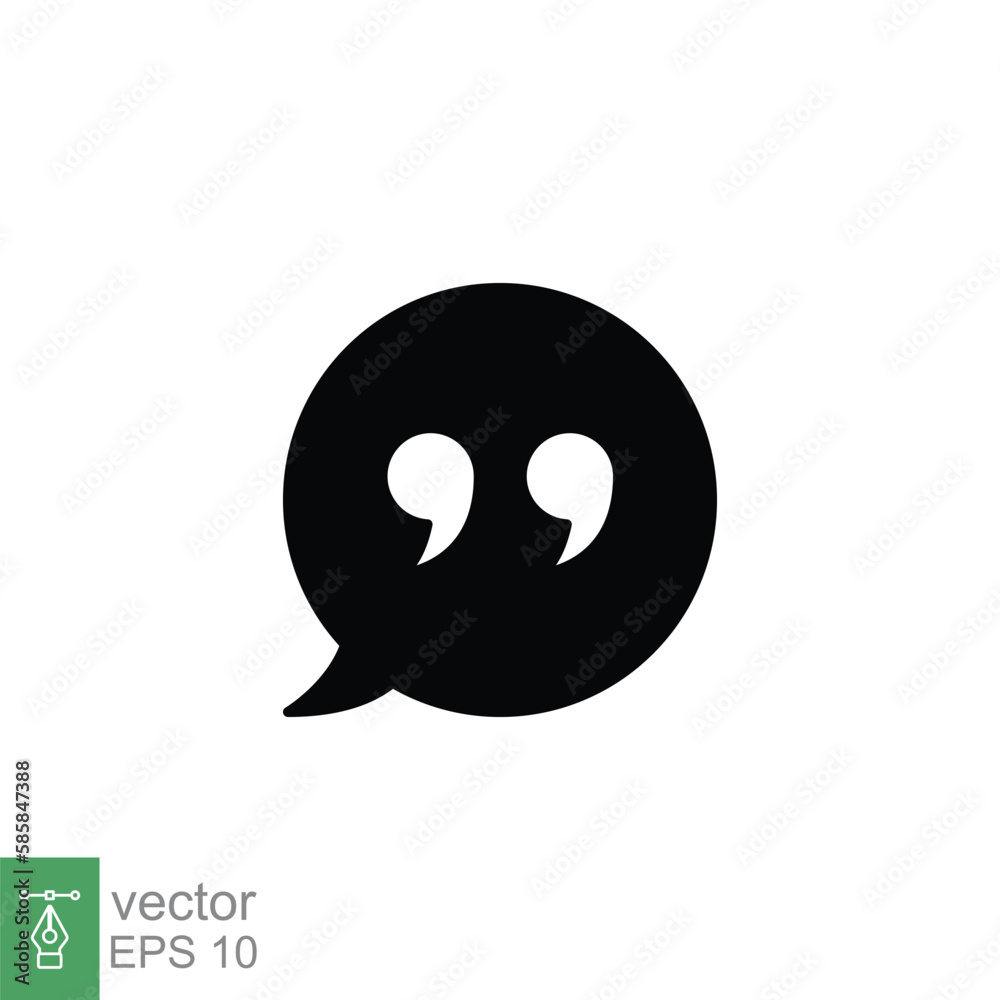 Bubble speech with quote mark glyph icon. Testimonials and customer relationship management concept. Simple solid style. Vector illustration isolated on white background. EPS 10. Bubble speech with quote mark glyph icon. Testimonials and customer relationship management concept. Simple solid style. Vector illustration isolated on white background. EPS 10.