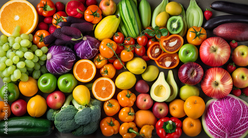 Vegetables and fruits background. Healthy food concept. Top view. Generative AI