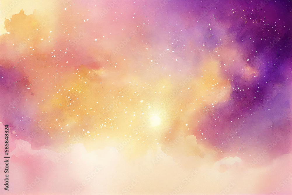 Naklejka premium Watercolor purple and yellow galaxy background with sparkling. Generative AI
