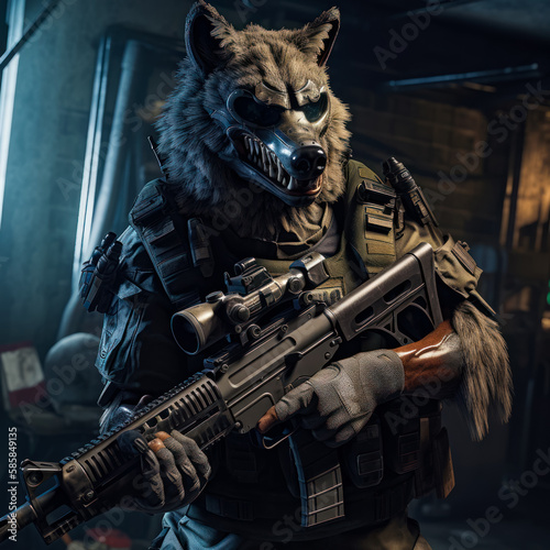Humanized wolf warrior wearing military vest holding a gun. Demonic fighter in the industrial premise. Generative AI.