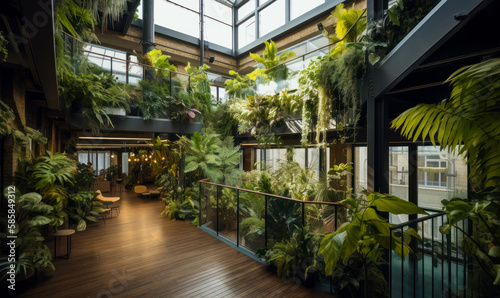 Huge loft room filled with lots of plants. Multi-storied building with greenery and relaxing atmosphere. Generative AI.