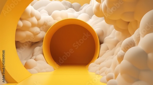 Fototapeta Naklejka Na Ścianę i Meble -  3d render  abstract minimal yellow background with white clouds flying out the tunnel  Generative AI