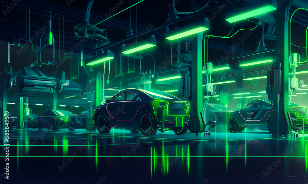 Futuristic plant for automobile industry production. Green neon light around. Generative AI.