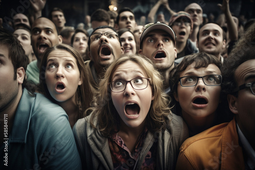 Generative ai crowd gasping with shocking annd surprised expression
