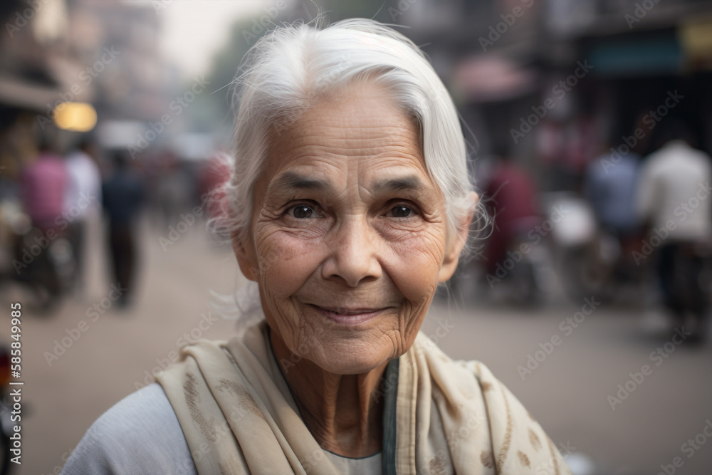 Generative ai grey hair mature woman indian portrait outdoors looking camera Generative ai grey hair mature woman indian portrait outdoors looking camera