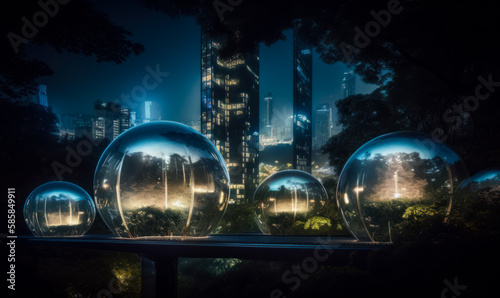 Image of futuristic city with glass bubbles and plants reflecting there. Night urban cityscape with skyscrapers. Generative AI.