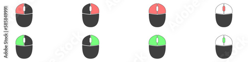 Computer mouse icons vector. Left and right click vector. Icons set of pressing different mouse buttons for PC. Mouse wheel scroll icon vector. Mouse icon set for PC.