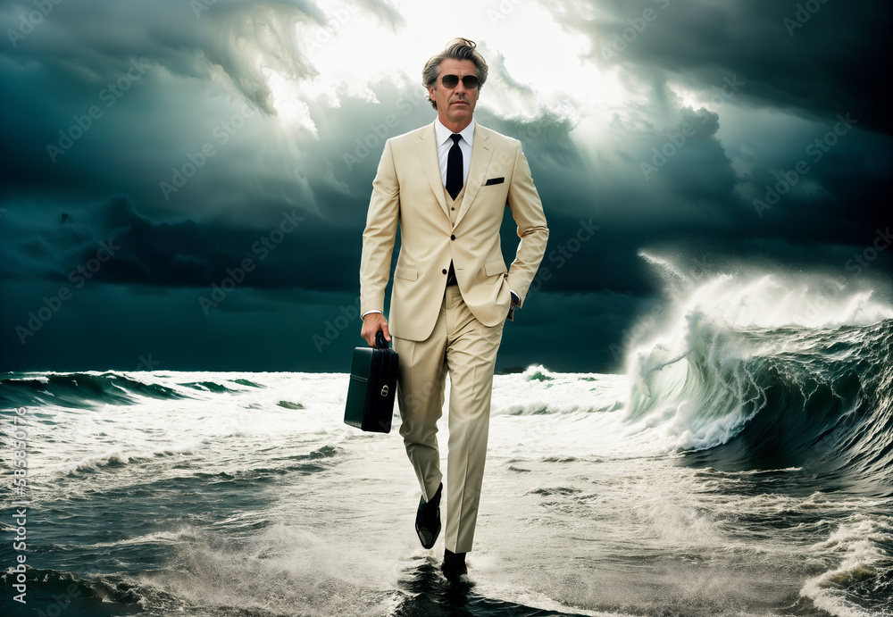 A businessman walks out of the sea during a storm. Black clouds, lightning and high waves. Financial crisis concept. Generative AI A businessman walks out of the sea during a storm. Black clouds, lightning and high waves. Financial crisis concept. Generative AI