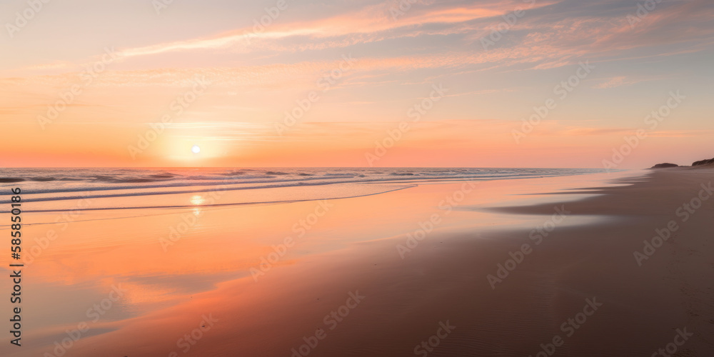 Plage déserte à marée basse avec le soleil au ras de l'horizon, mer calme et ciel dégagé