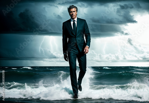 A businessman walks out of the sea during a storm. Black clouds, lightning and high waves. Financial crisis concept. Generative AI
