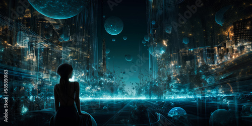 Cyber reality space with multiple planets. Rear view of a girl looking at night futuristic city. Generative AI.