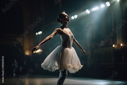 A ballet dancer is seen gracefully gliding across the stage, with arms extended and pointed toes. The spotlight shines down on the dancer, illuminating the beautiful lines and movements AI Generative