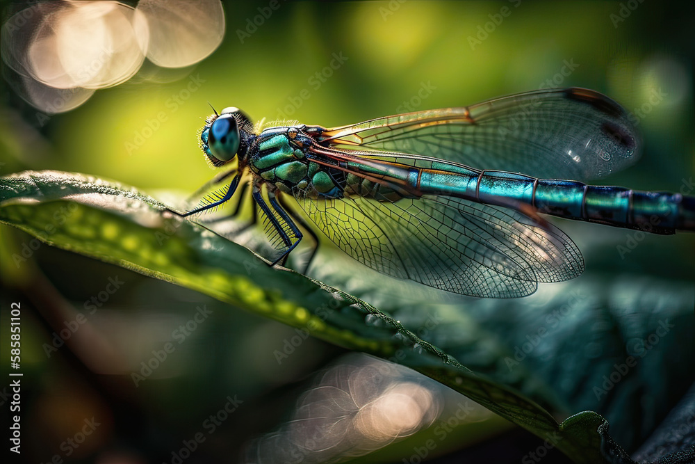 A dragonfly is seen resting on a green leaf in a natural setting, its delicate wings folded gently on its back AI Generative A dragonfly is seen resting on a green leaf in a natural setting, its delicate wings folded gently on its back AI Generative