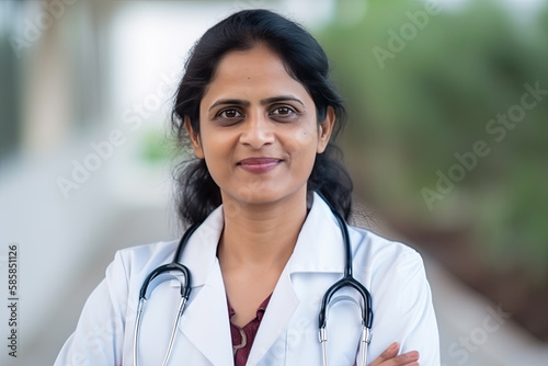 Indian female doctor smiling at the camera, Middle-aged woman, Generative AI