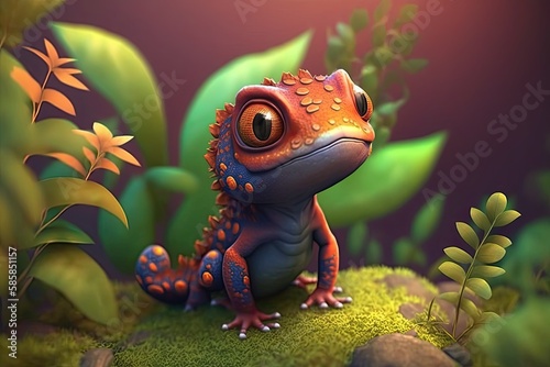 Cute Cartoon Lizard Character in the Woods (Generative AI) © JJAVA
