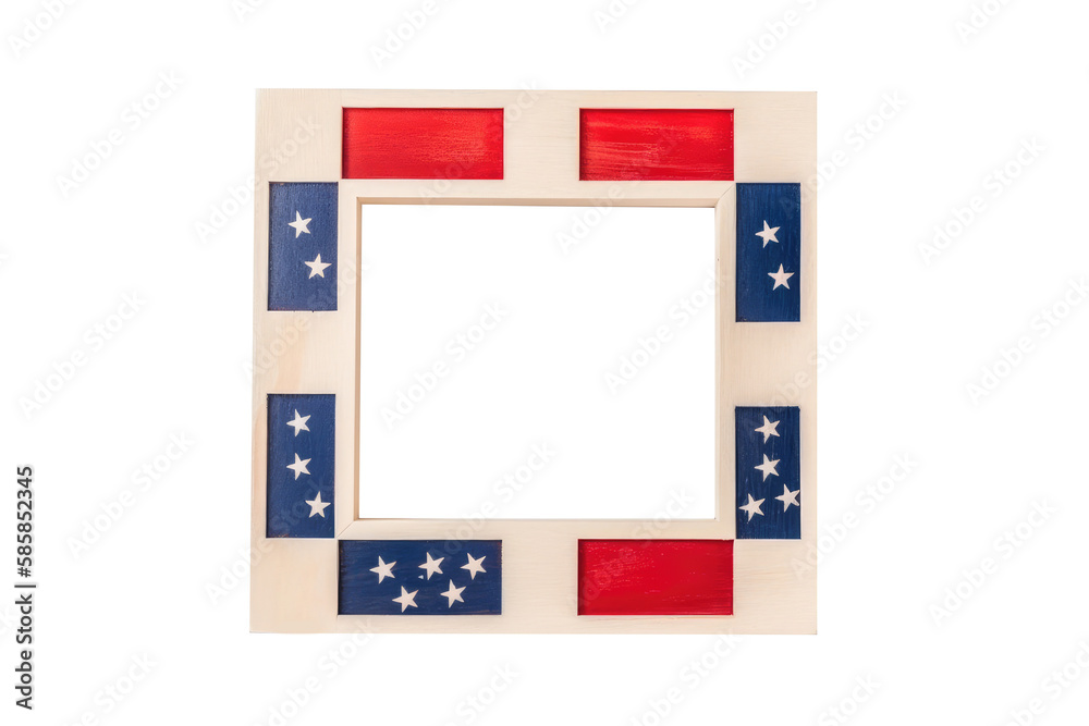 Wooden photo frame with American flag colors and stars. Patriotic border for photos or space for text. Colorful abstract rectangle frame. Generative AI Wooden photo frame with American flag colors and stars. Patriotic border for photos or space for text. Colorful abstract rectangle frame. Generative AI