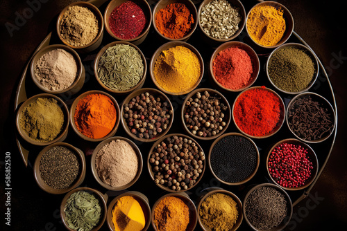 Indian spices arranged in array, Generative AI