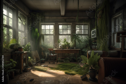 Interior of an old abandoned house with green plants. Generative AI © LAYHONG