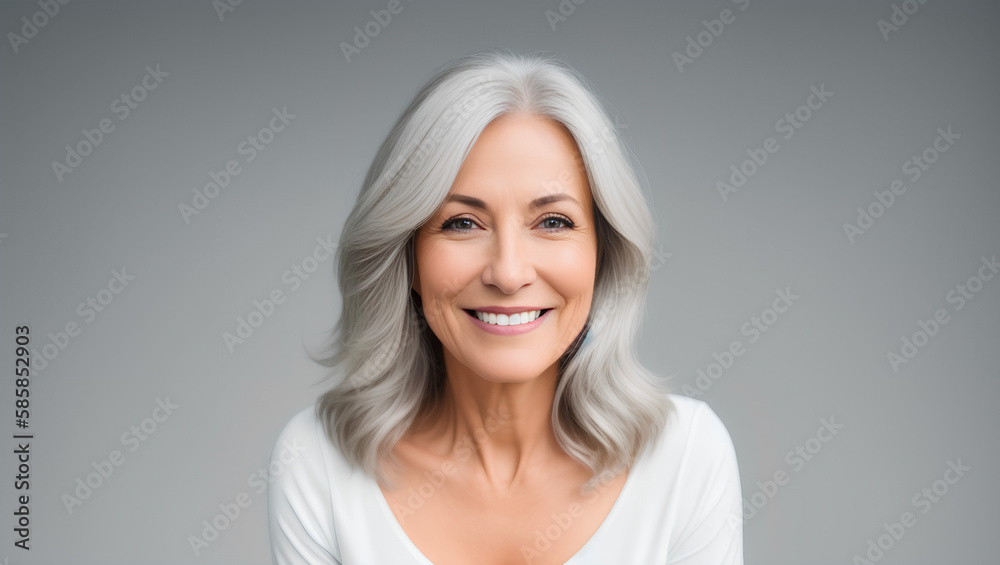 Portrait of mature beautiful woman with grey hairstyle and white top. Cleavage. Model studio shot. Copy space. Generative AI Portrait of mature beautiful woman with grey hairstyle and white top. Cleavage. Model studio shot. Copy space. Generative AI