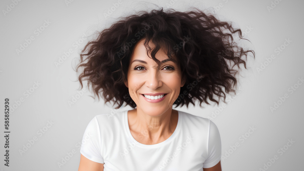 Portrait of mature beautiful woman with brown hairstyle and white top. Cleavage. Model studio shot. Copy space. Generative AI Portrait of mature beautiful woman with brown hairstyle and white top. Cleavage. Model studio shot. Copy space. Generative AI