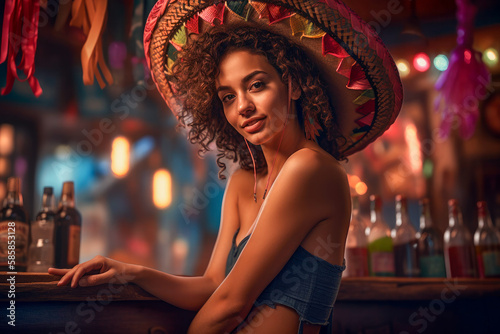 Vibrant Latina Woman Enjoying Tequila in Colorful Sombrero, Smiling and Flirting. Carnival Party Atmosphere. Cinco de Mayo. Generative AI