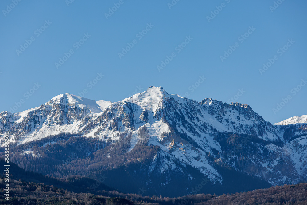  A scenic view of majestic snowy mountain with pine forest under a majestic blue sky