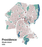 Providence map, capital city of the USA state of Rhode Island. Municipal administrative area map with buildings, rivers and roads, parks and railways.