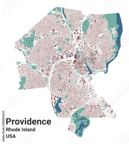 Providence map, capital city of the USA state of Rhode Island. Municipal administrative area map with buildings, rivers and roads, parks and railways.