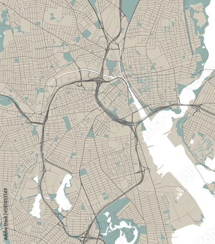 Detailed map of Providence city, capital of the US state of Rhode Island. Municipal administrative area map with rivers and roads, parks and railways.