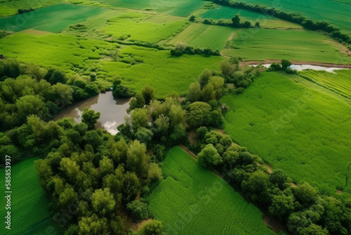  top view of cultivated agricultural farming land with vivid green color with river passing by. generative ai © pa-ka