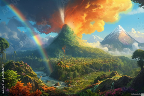 fantasy volcano and rainbow. generative ai © pa-ka