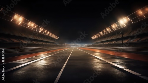 Asphalt racing track finis race sport stadium at night. Professional digital 3d illustration of racing sports. Generative AI photo