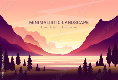 Minimalistic vector landscape with silhouettes of mountains and trees at sunset. Illustration for website or print.  (ID: 585855168)