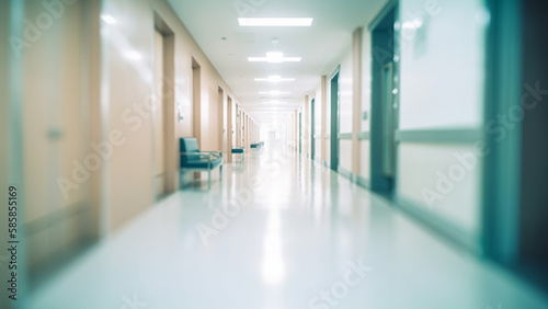 Abstract blur luxury hospital corridor. Blur clinic interior background with defocused effect. Healthcare and medical concept