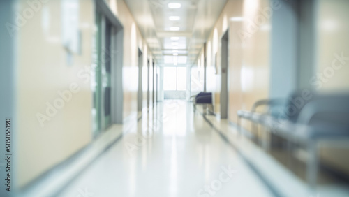 Abstract blur luxury hospital corridor. Blur clinic interior background with defocused effect. Healthcare and medical concept