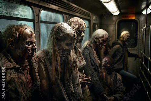 Group of zombies standing in a subway and waiting for food. Generative AI