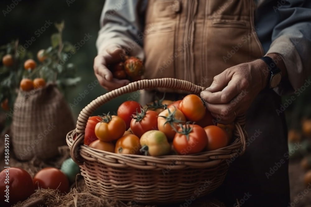 holding a basket of harvested vegetables against the background of a farm. generative ai