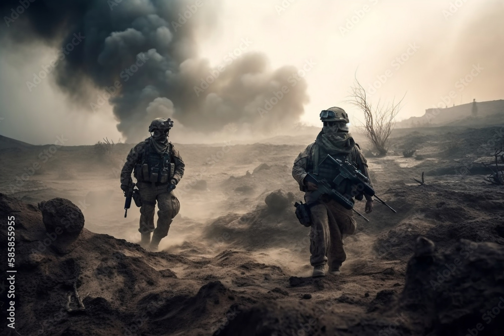 military special forces soldiers crosses destroyed warzone through fire and smoke in the desert. generative ai
