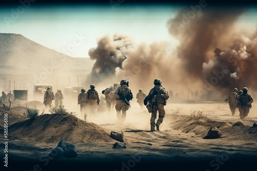 military special forces soldiers crosses destroyed warzone through fire and smoke in the desert. generative ai 