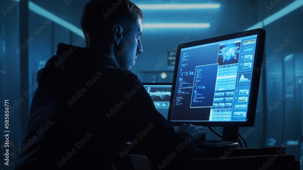 Computer Hacker in Hoodie. Obscured Dark Face. Concept of Hacker Attack, Virus Infected Software, Dark Web and Cyber Security. Computer Hacker in Hoodie. Obscured Dark Face. Concept of Hacker Attack, Virus Infected Software, Dark Web and Cyber Security.