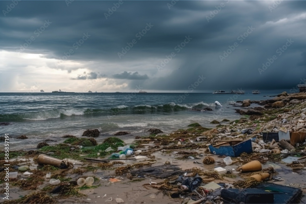 beach full of garbage and plastic waste. generative ai beach full of garbage and plastic waste. generative ai