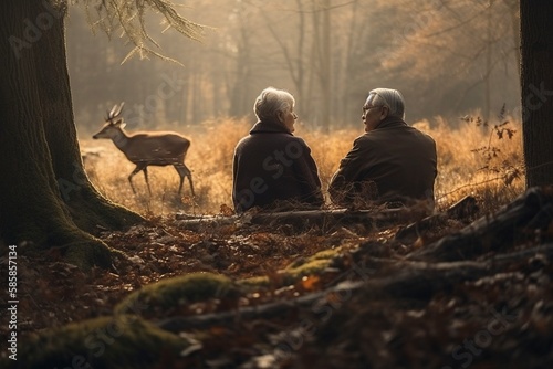 Serene Park: Elderly Couple Sitting Together in Peaceful Surroundings, Generative AI © Digital Dreamscape