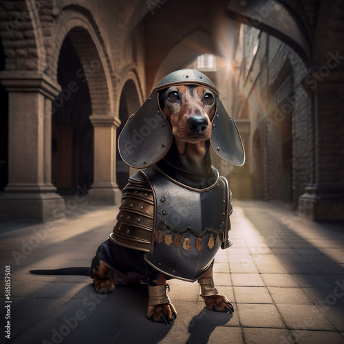 Dachshund wearing armor in a medieval castle courtyard, Generative AI