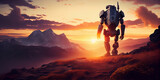 A humanoid robot stands with its back on top of a mountain in the rays of the rising sun. Generative AI